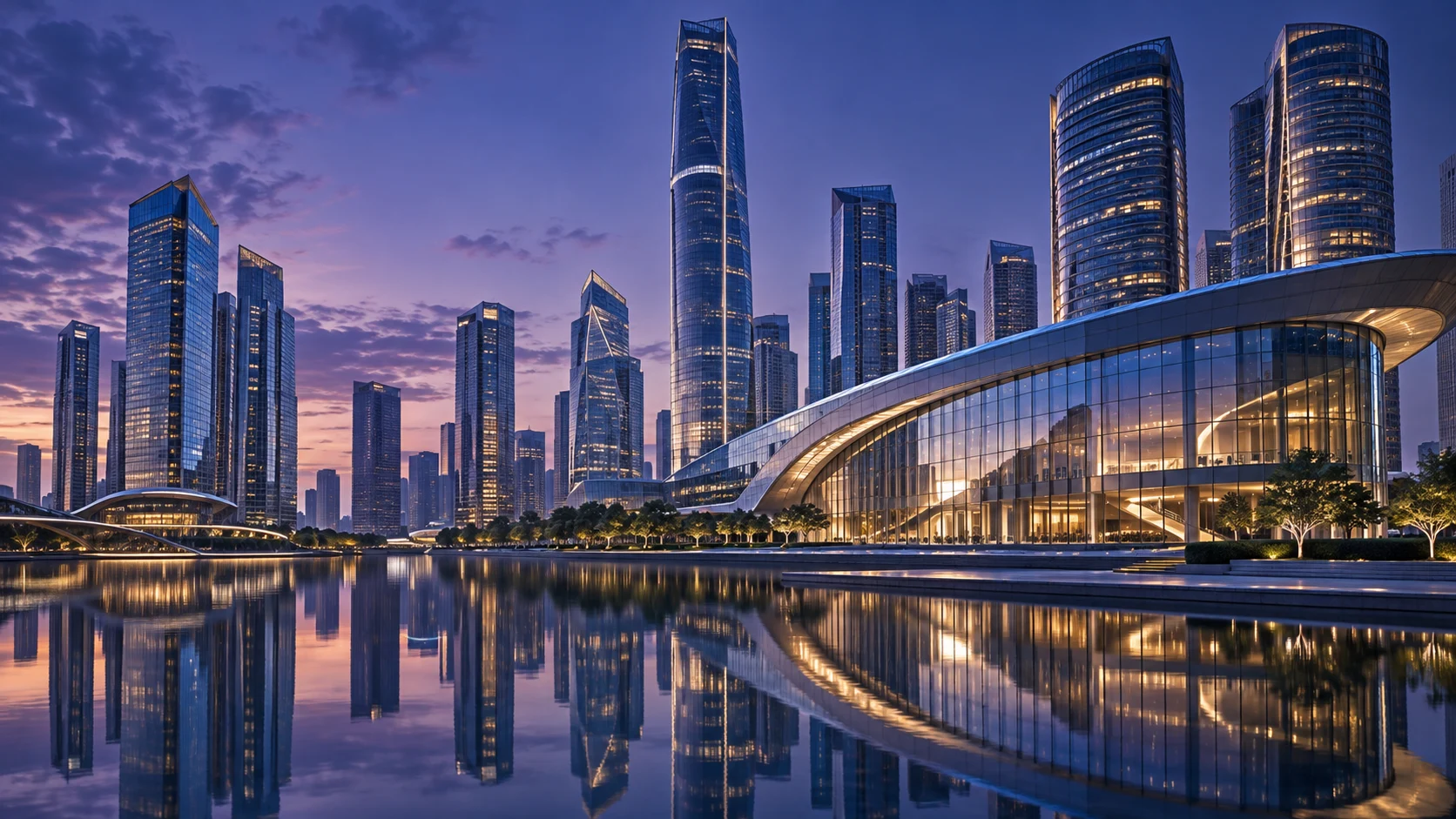 Illustrative glass financial district at twilight